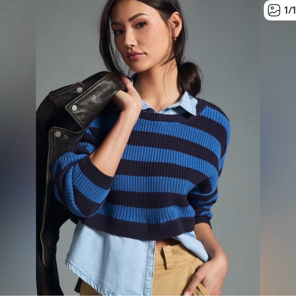 Anthropologie Pilcro Two-for Striped Blue and Black Women's Sweater
